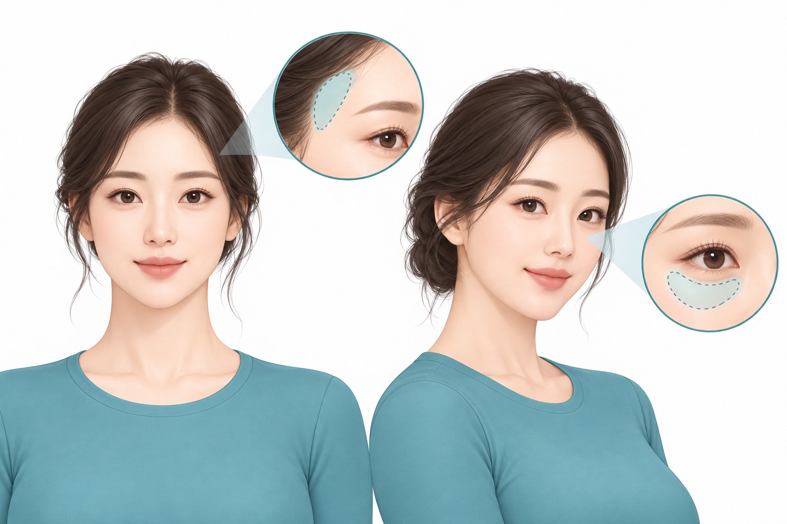 Illustration of facial fat grafting marking the temples and the under-eye and cheek area