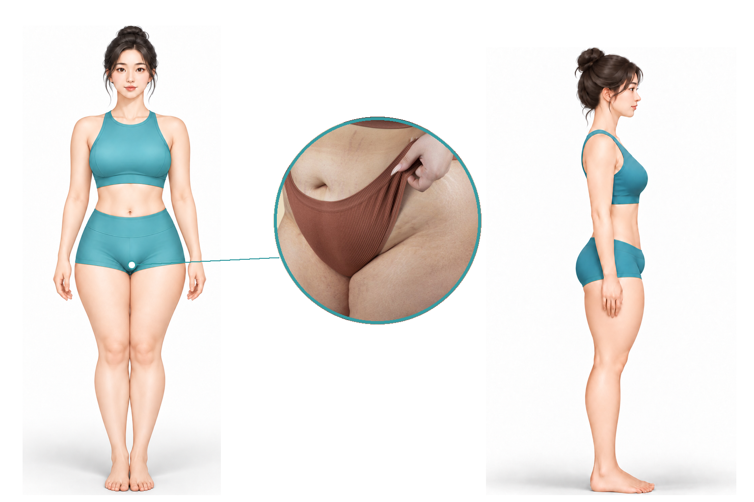 Front, side, and close-up illustration of the mons pubis and upper inner-thigh Y-zone