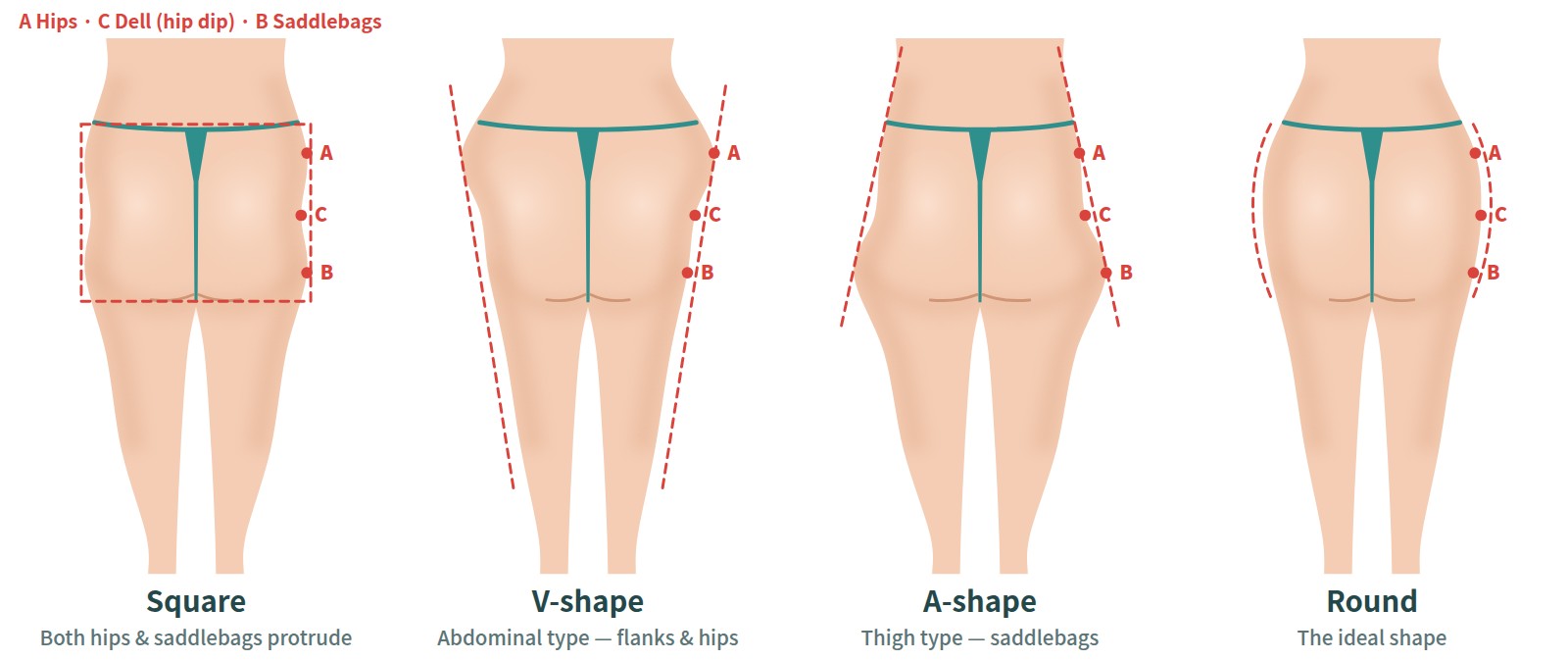 Diagram of four buttock shapes seen from behind — square, V-shape, A-shape, round, with the hips (A), dell (C), and saddlebags (B) points