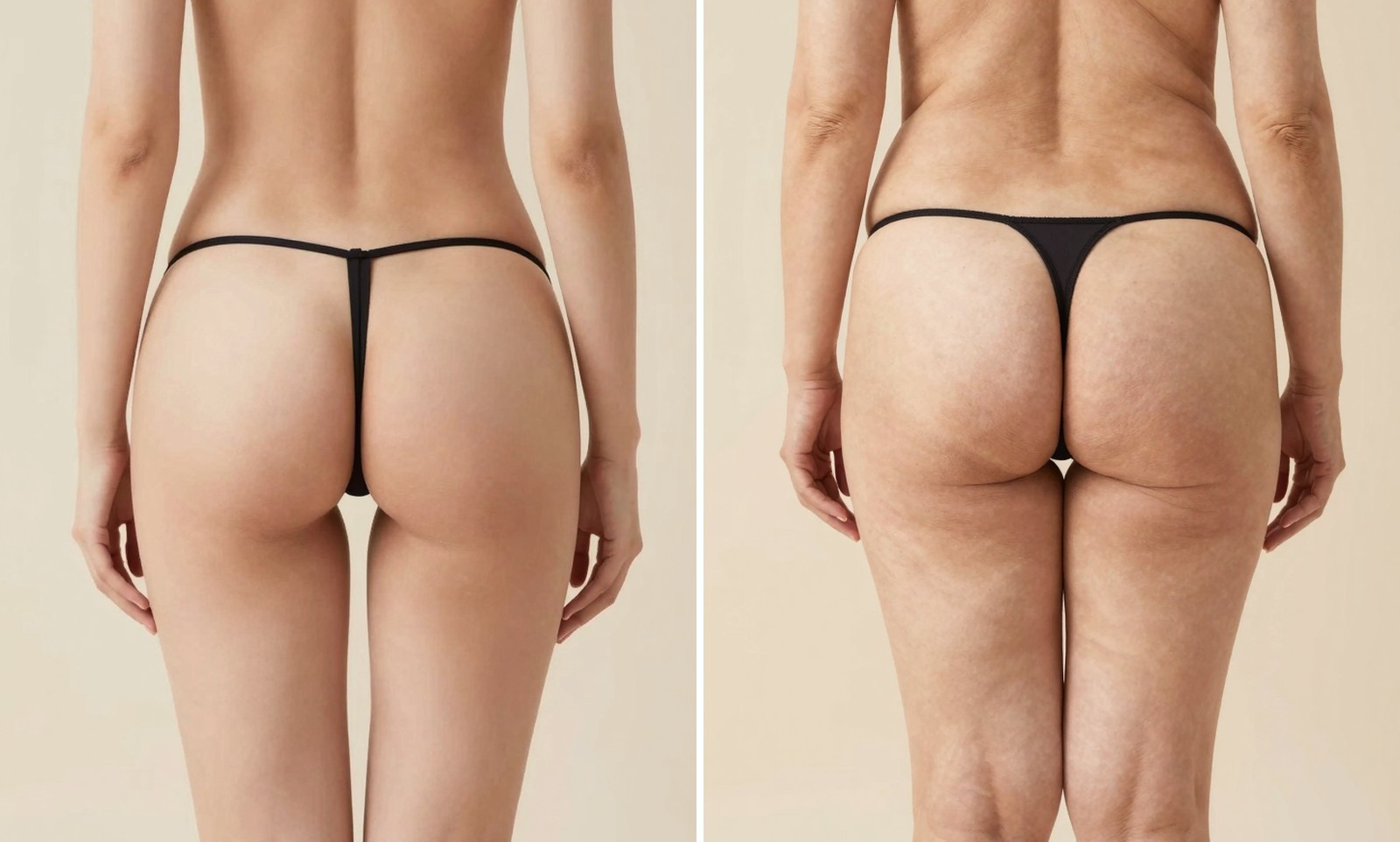 Virtual photo of round, lifted buttocks and wide, horizontally spread sagging buttocks