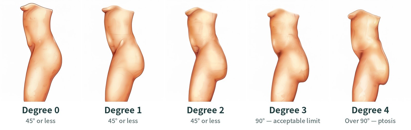 Buttock ptosis Degree 0–4 seen from the side