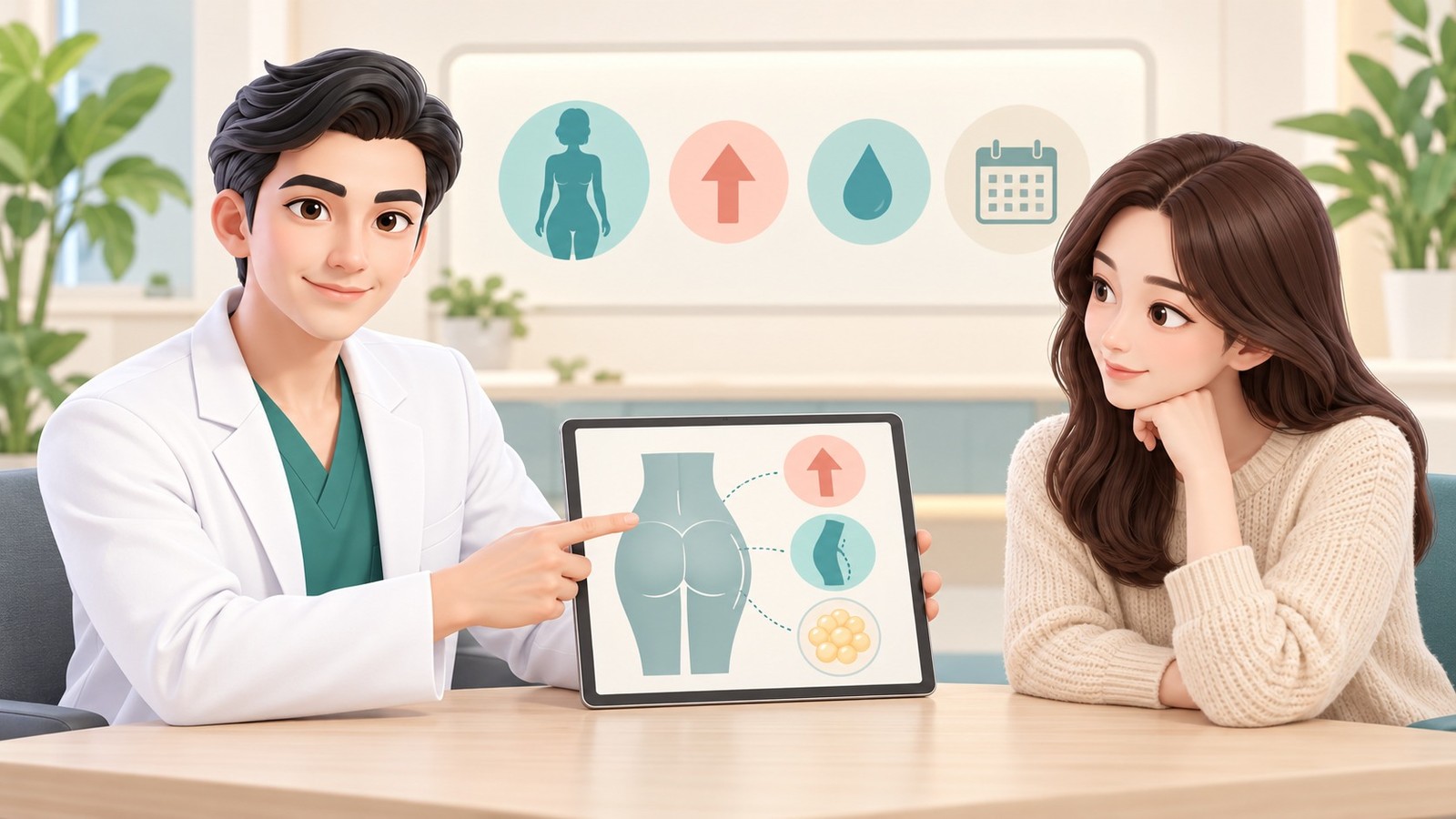 Dr. Hakjun Kim explaining buttock shape to a patient on a tablet