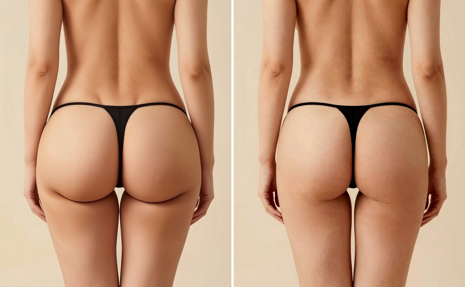 Principle of Volume-Up buttock liposuction — rear-view drawing of sagging buttocks and buttocks whose volume has decreased so the lower border of the buttock has risen