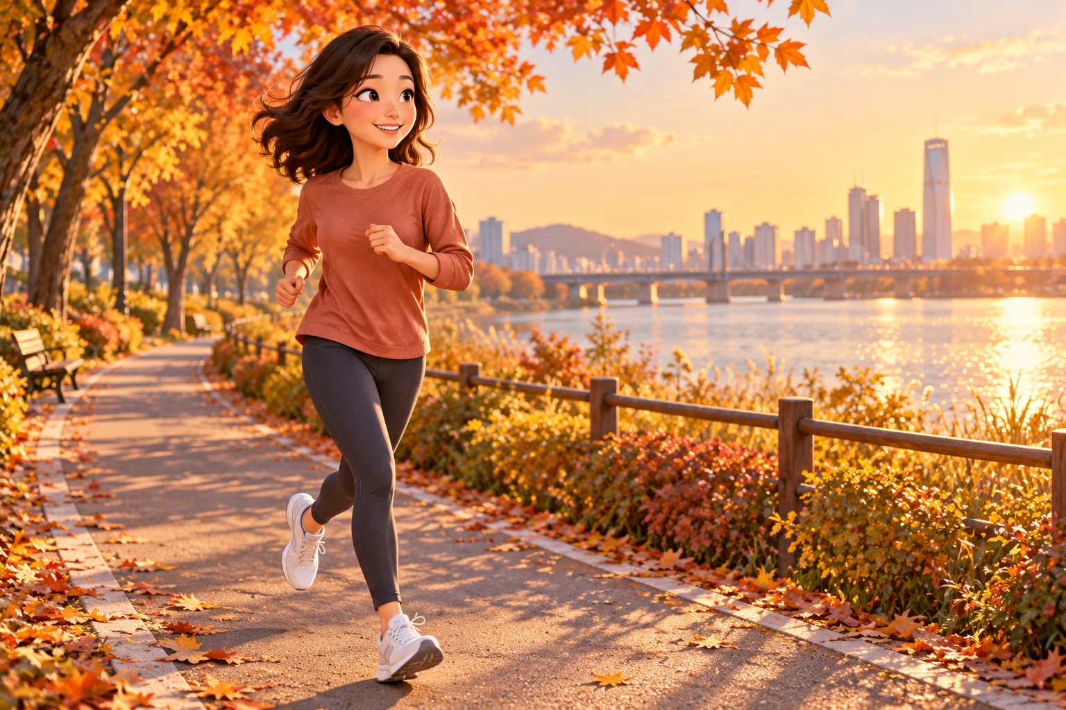 Jogging in leggings along a riverside path