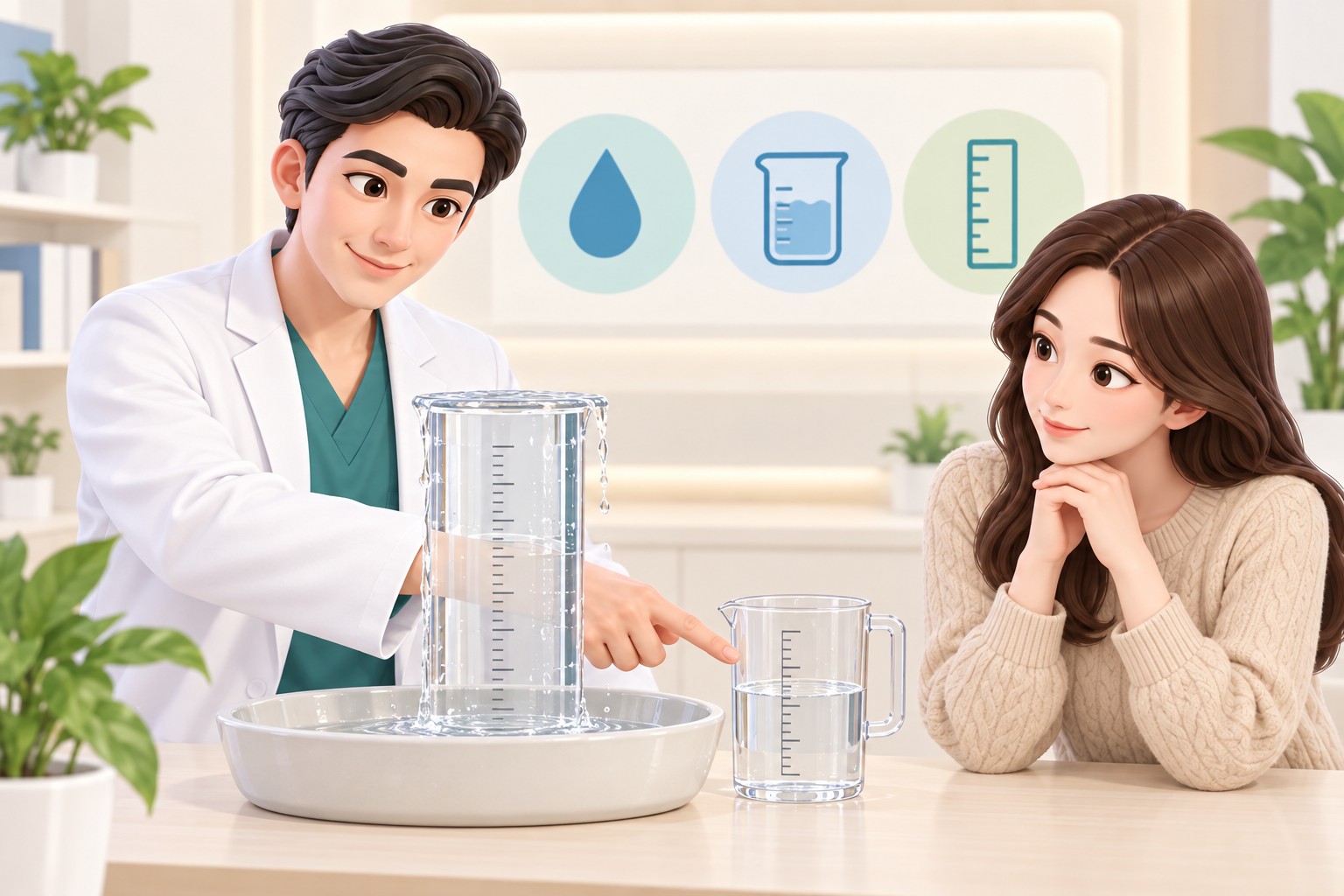 Illustration of the principle of measuring volume with water