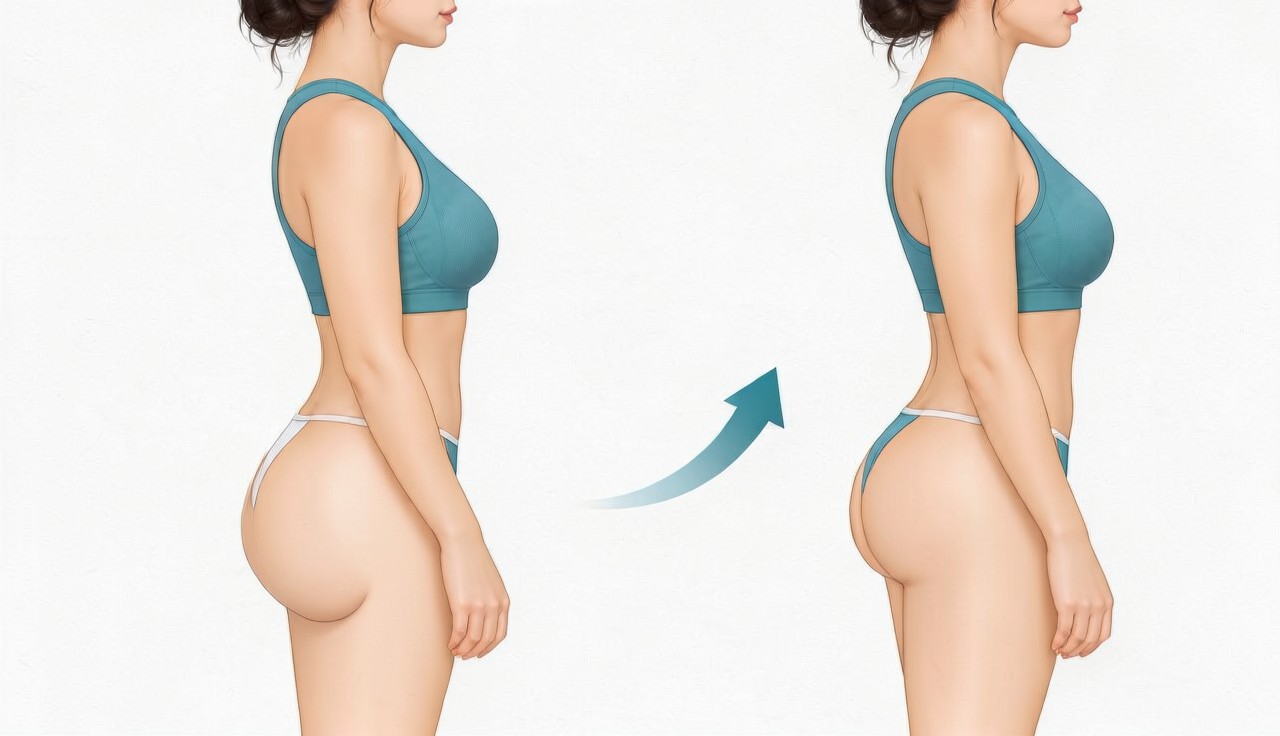 Side-view comparison of a sagging buttock and a lifted buttock