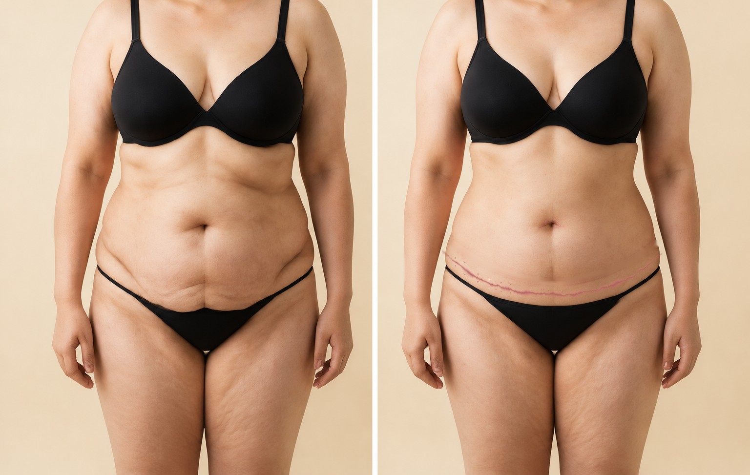 Illustrative image showing an abdominoplasty scar running from the lower abdomen to the flanks