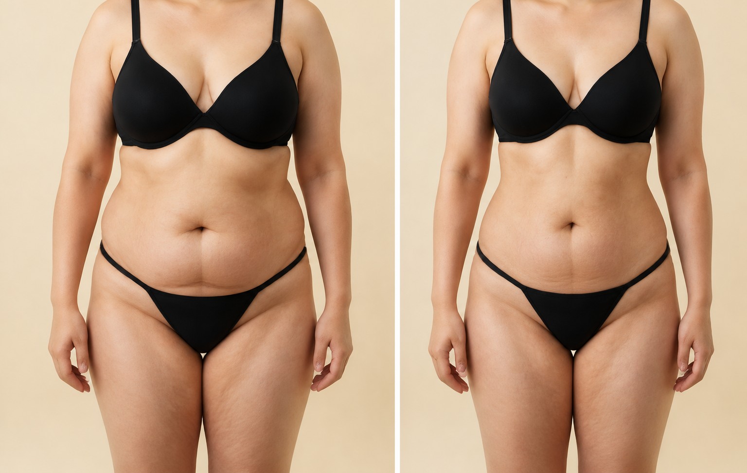 Illustrative image showing reduced sagging of the abdomen before and after liposuction