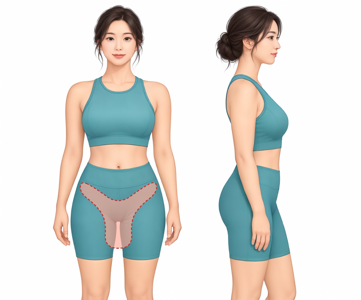 Illustration showing the location of the Y-zone, running from the mons pubis below the lower abdomen to the upper inner thighs on both sides, in front and side views