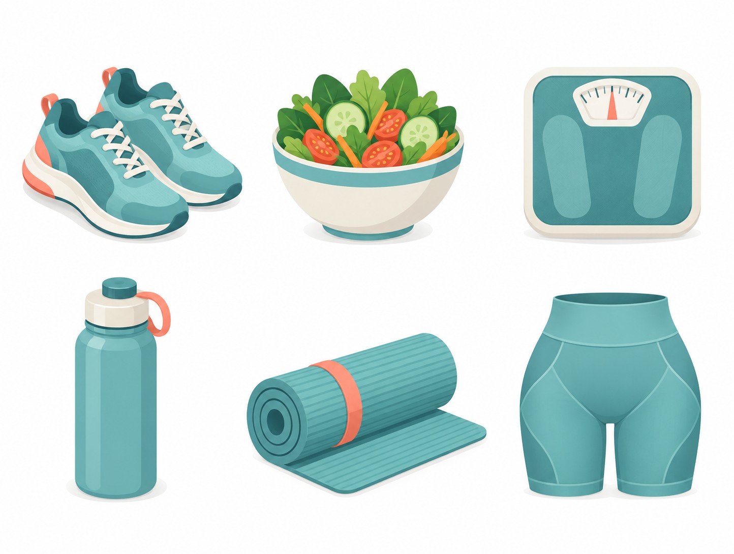 Icon illustration of aftercare items following surgery, including running shoes, a salad, a scale, a water bottle, a yoga mat, and a compression garment