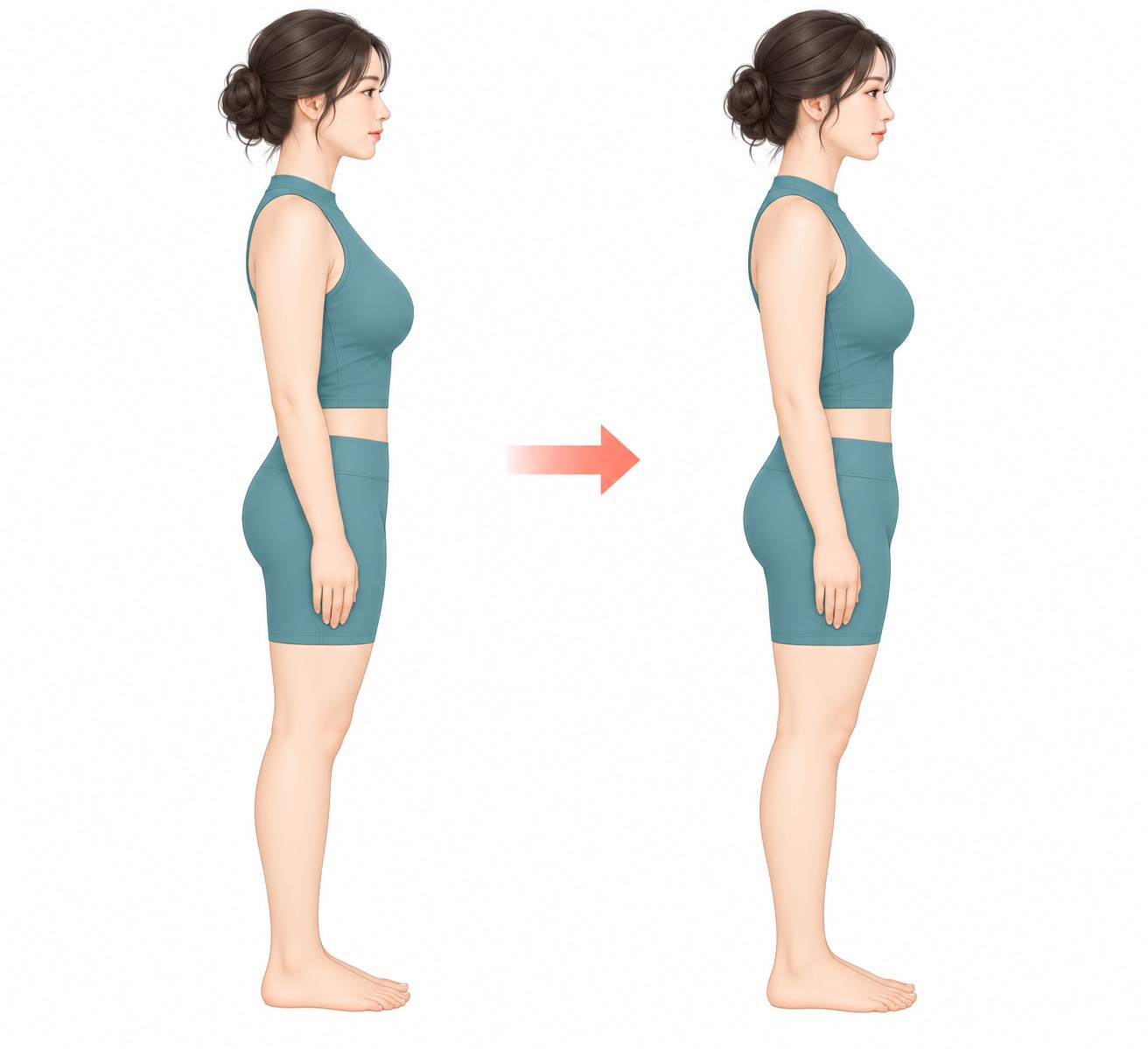 Side-view illustration comparing disharmonious obesity, in which the contour below the lower abdomen becomes relatively prominent as weight is gained after abdominal liposuction
