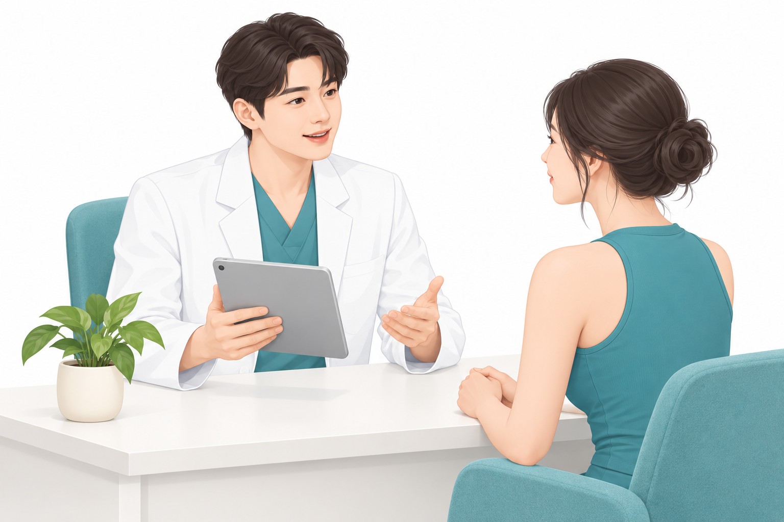 Illustration of a consultation in which a doctor explains the surgical area and plan on a tablet