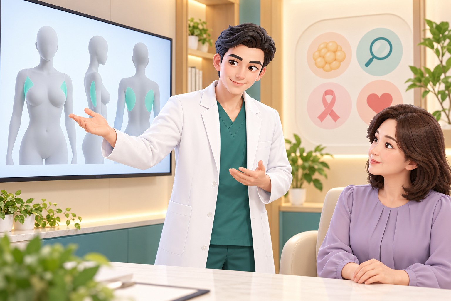 Explanation of liposuction areas: the breast, accessory breast area, side of the breast, and back