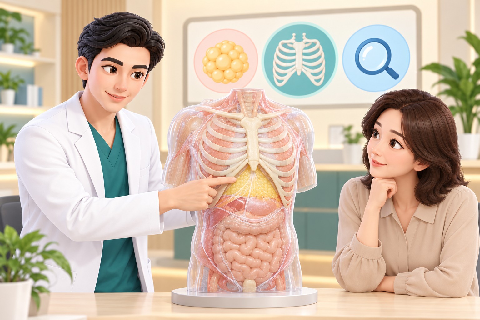 A scene explaining the hollow upper abdomen between the rib arches and the fat layer rich in fibrous tissue