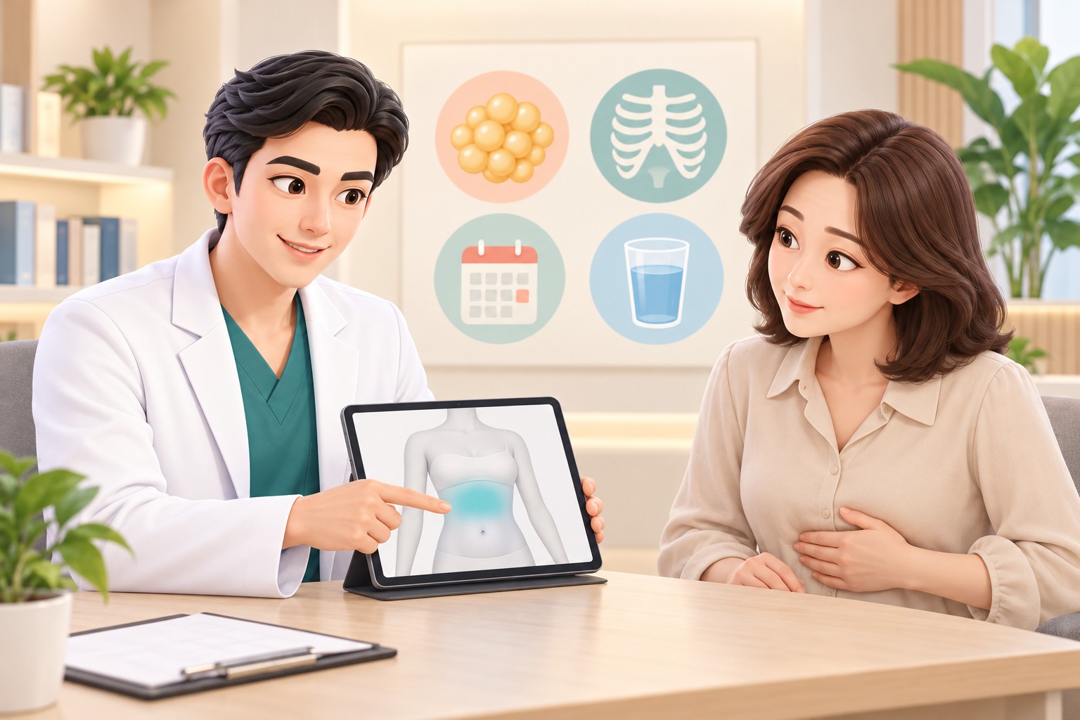 A patient with a remaining upper belly returning for a consultation with the doctor