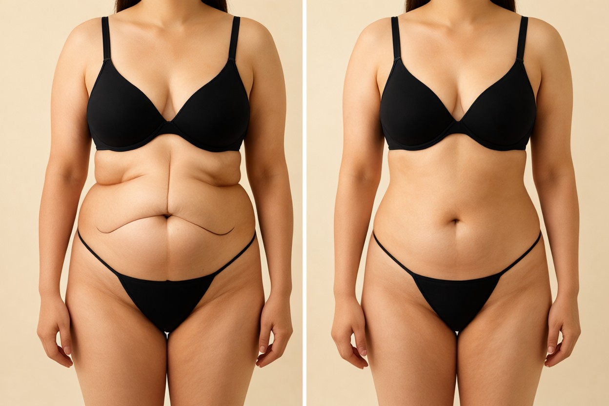 Simulated before-and-after illustration of the inverted smile shape, with both ends dropping downward from the navel