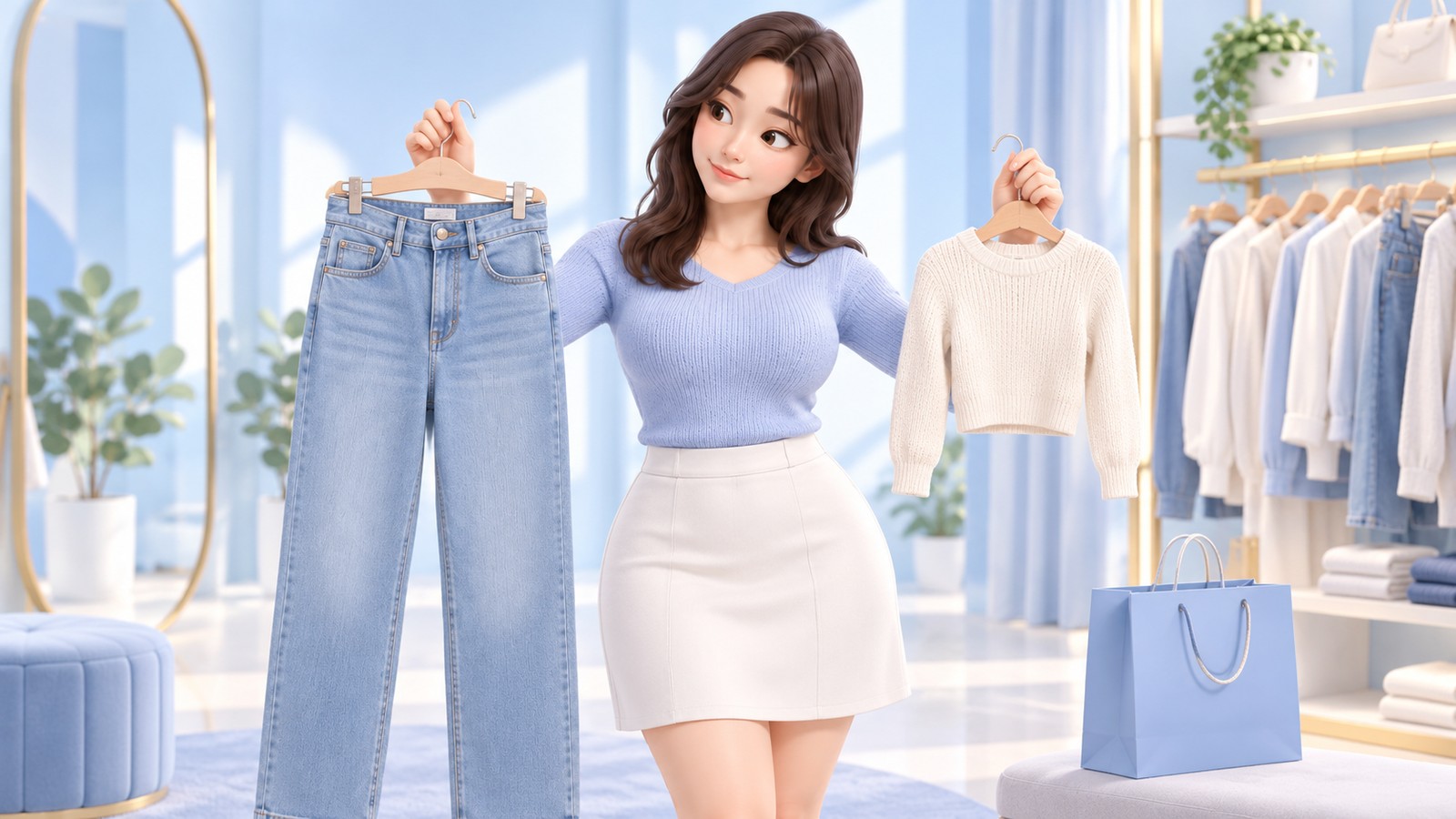 A woman holding a smaller top size and a larger pants size up to herself