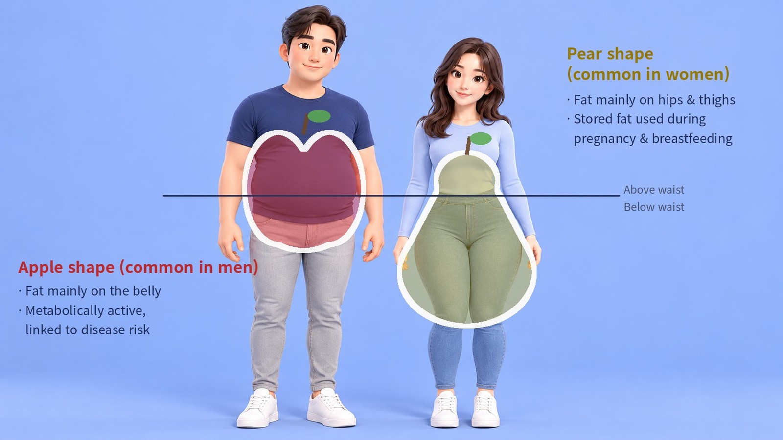 Comparison of the apple shape, common in men, and the pear shape, common in women