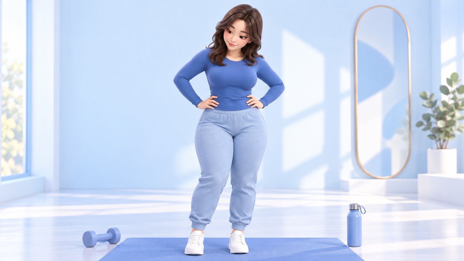 A woman looking worriedly at her thighs even after exercising