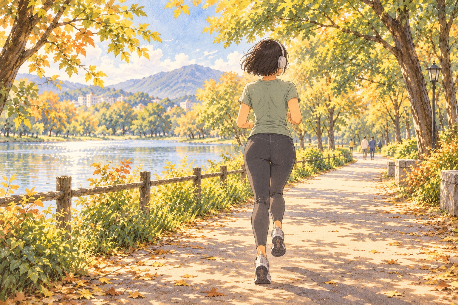 A woman jogging lightly with headphones on to manage her weight