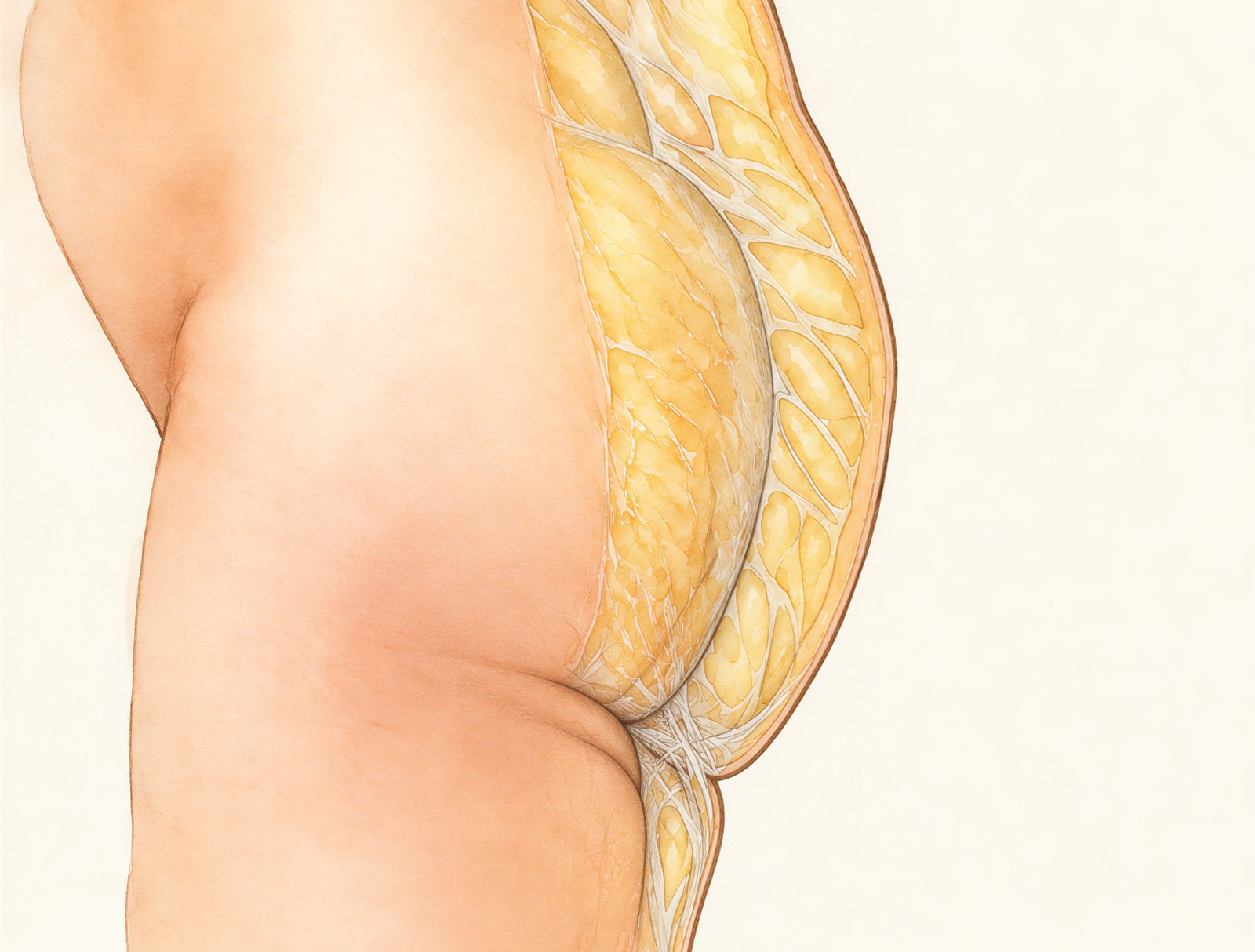 Lateral cross-section of the buttock — excessive suction of the banana fold has severed the ligaments of Luschka, creating a second crease below the crease line