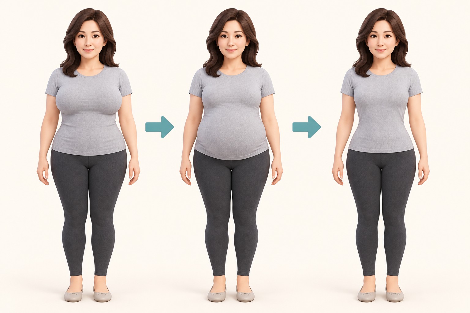 Schematic of the stages in which the breasts become smaller, the abdomen looks relatively larger, and balance is then restored
