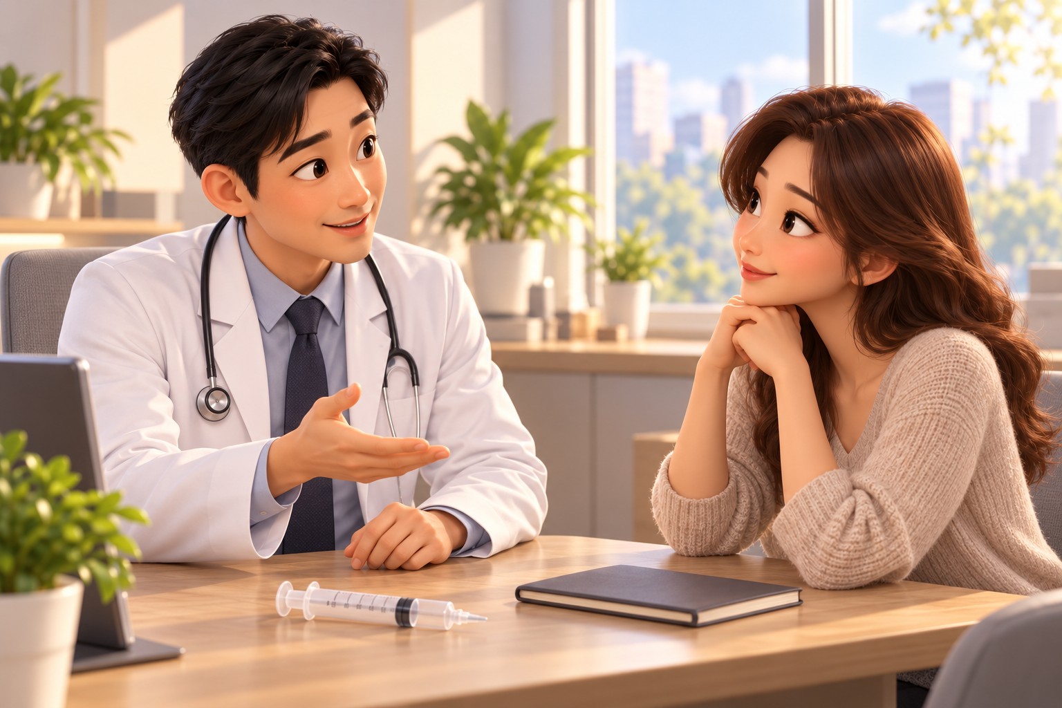 A doctor explaining fat grafting to a patient in the consultation room, with syringes on the desk