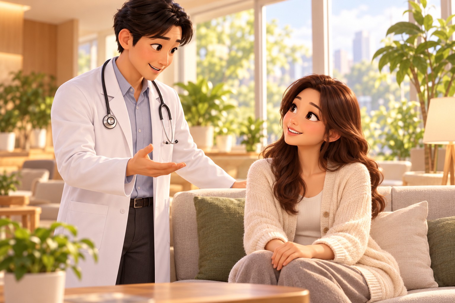 A doctor explaining the progress after surgery to a patient in the recovery room