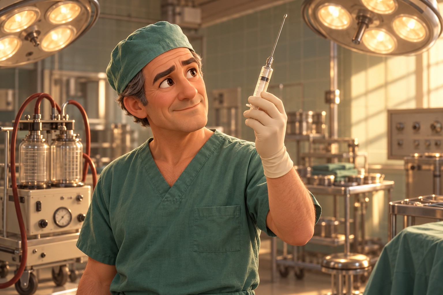 A surgeon in a 1980s operating room looking at a syringe fitted with a cannula, with an aspirator in the background