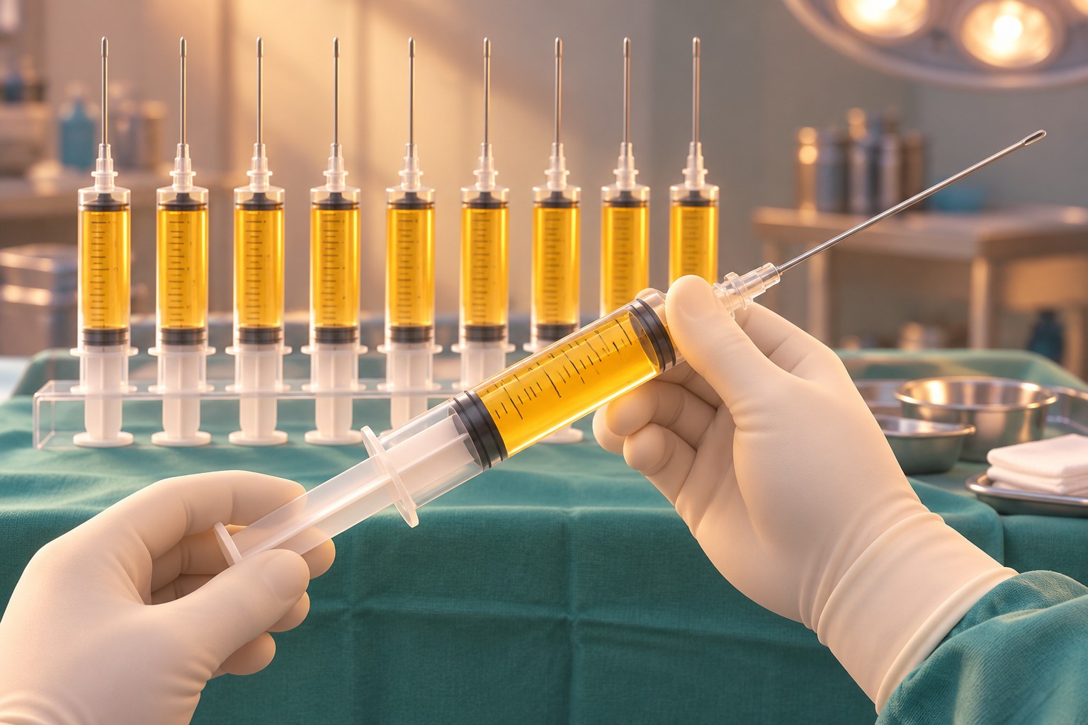Harvesting fat with a 60 mL syringe fitted with a thin cannula, next to syringes already filled