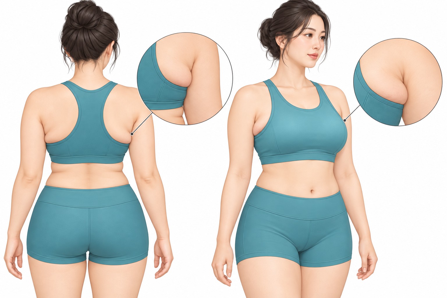 Vector illustration showing a close-up of the front and back armpit fat that bulges over the front and back of the bra