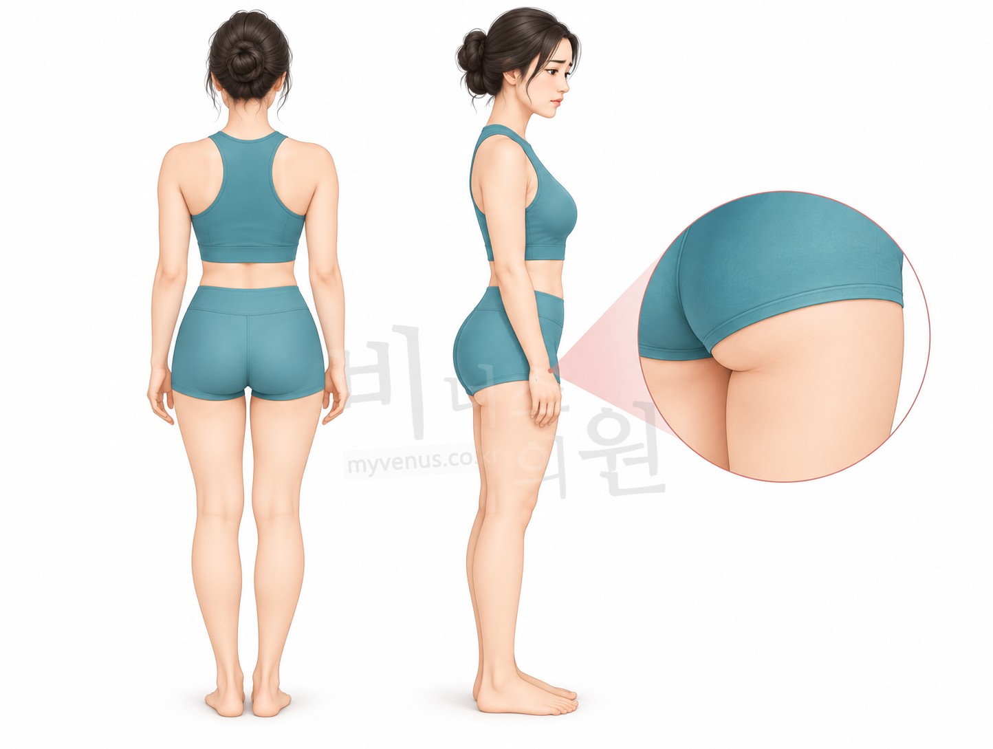 Examining the border between the lower buttock and the back of the thigh from behind and from the side