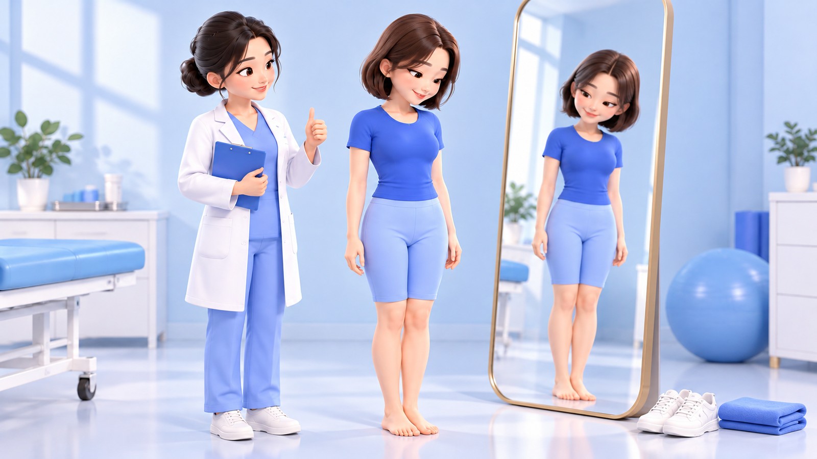 A patient and a doctor checking the leg line in front of a mirror