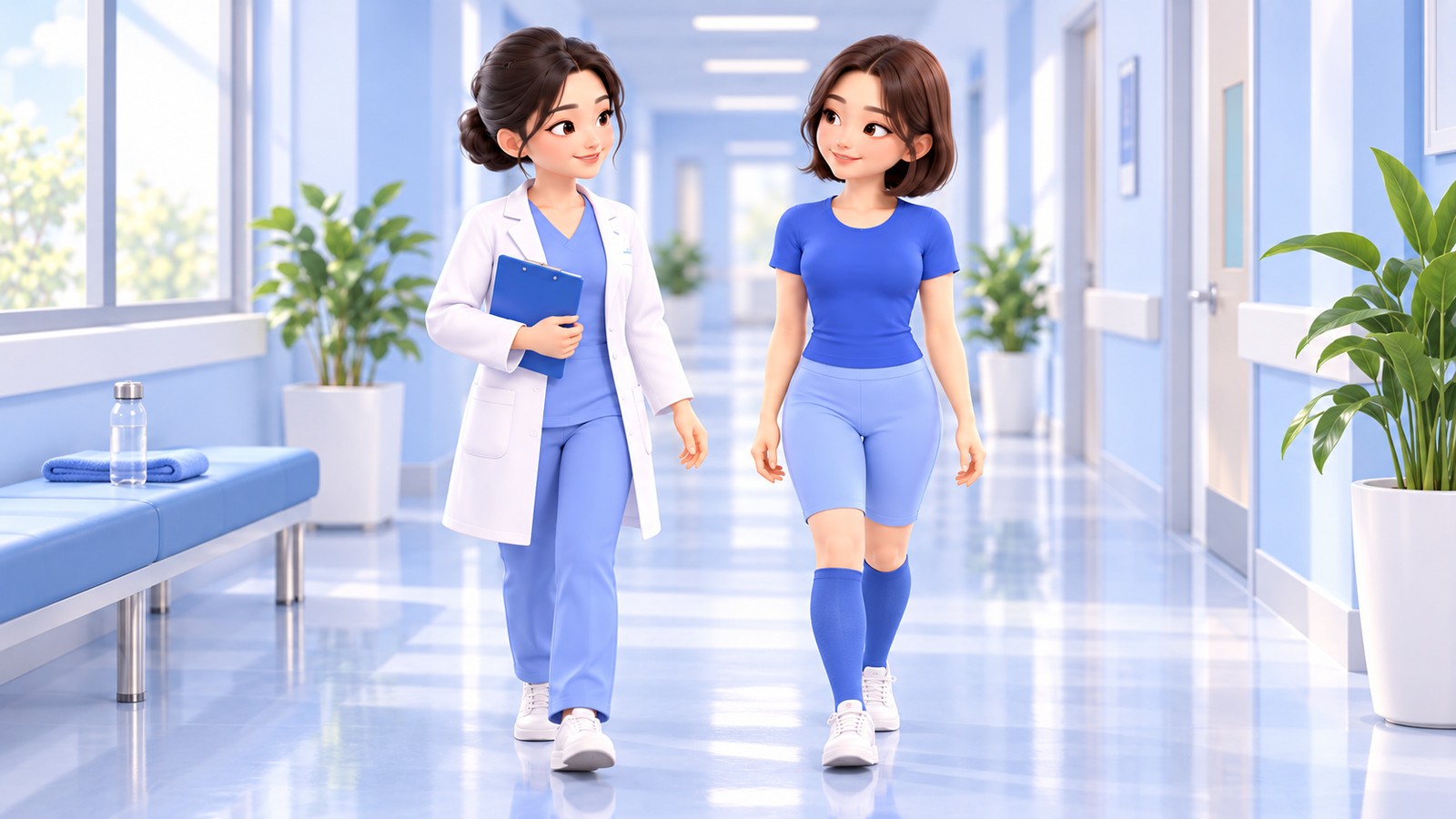 A recovering patient wearing a compression support walking down a corridor with a doctor