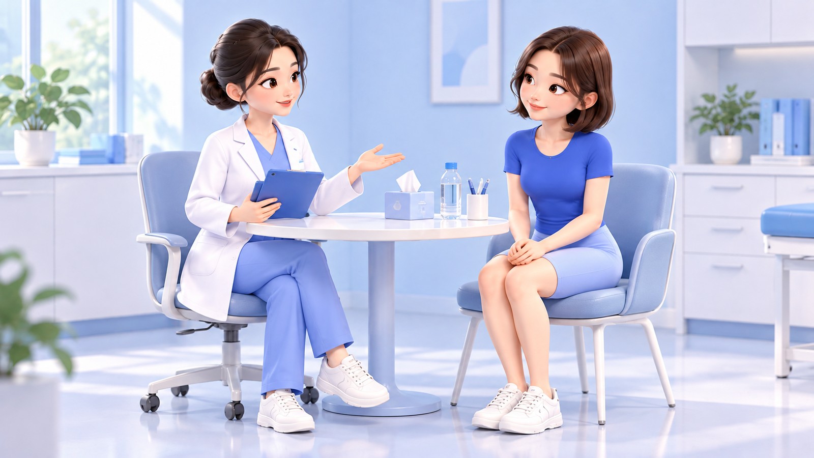 A doctor and a patient discussing the thigh and calf line