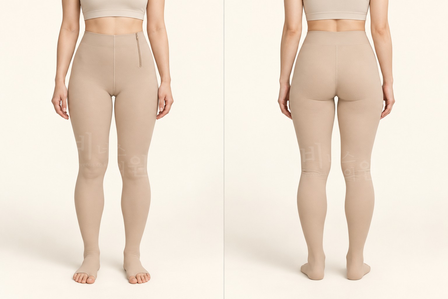 Front and back views of the calf compression garment worn, wrapping from the lower abdomen to the feet with only the toes exposed