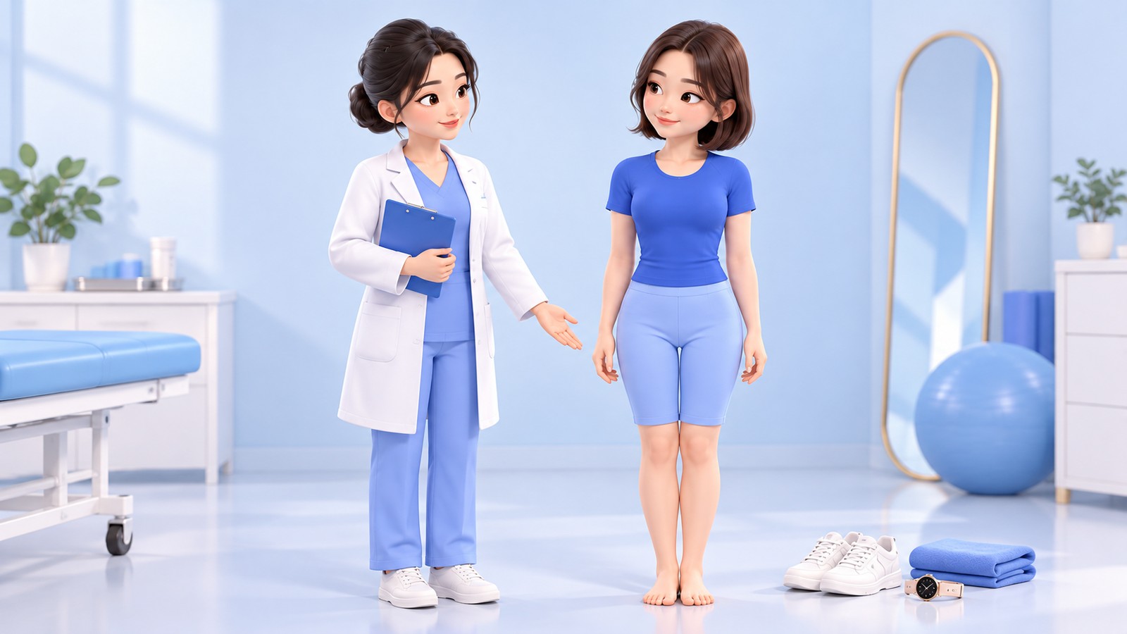 A consultation scene reviewing the leg line of a patient standing with legs together