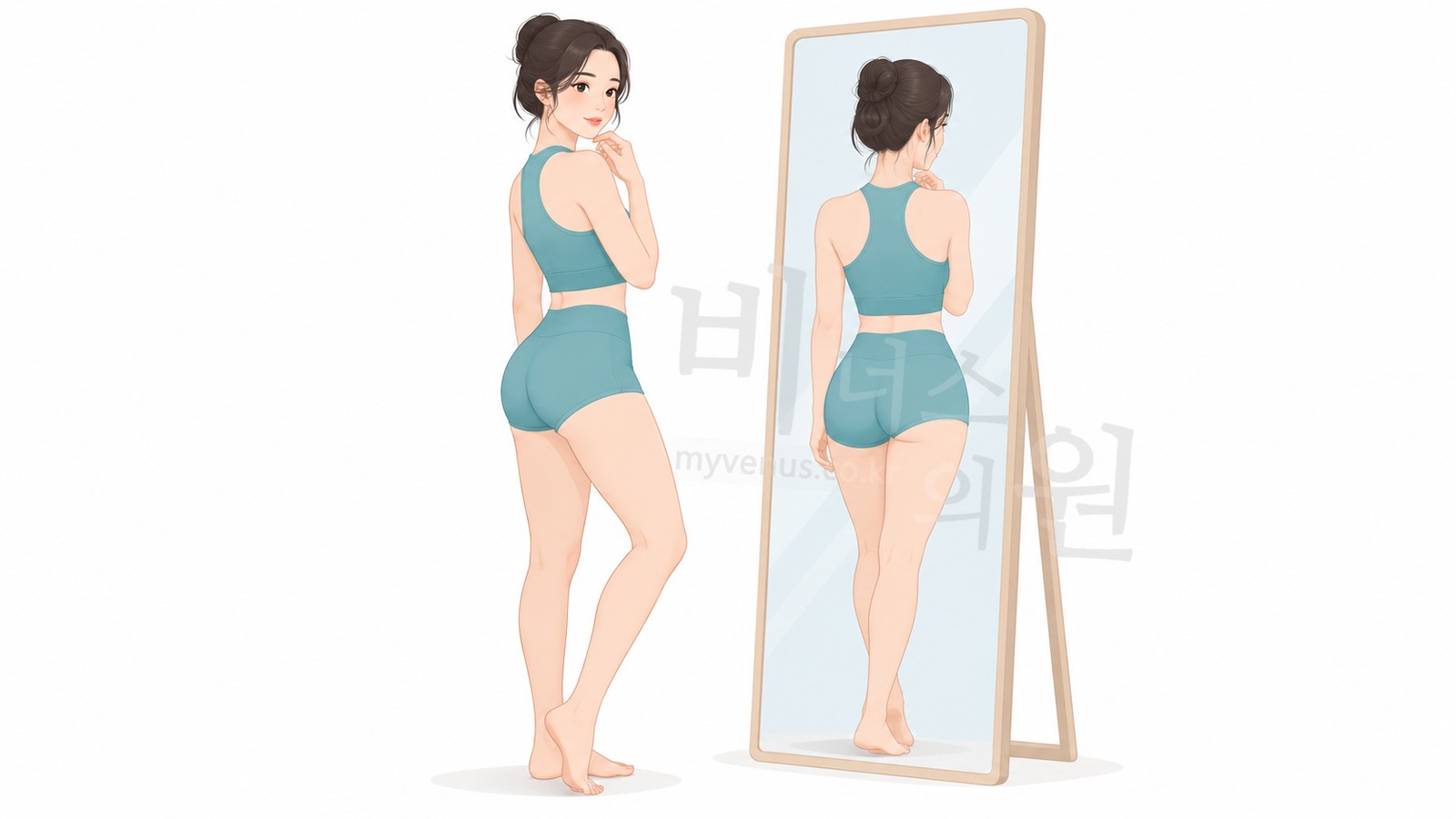 A person looking back at the border line between the buttock and the thigh reflected in a mirror