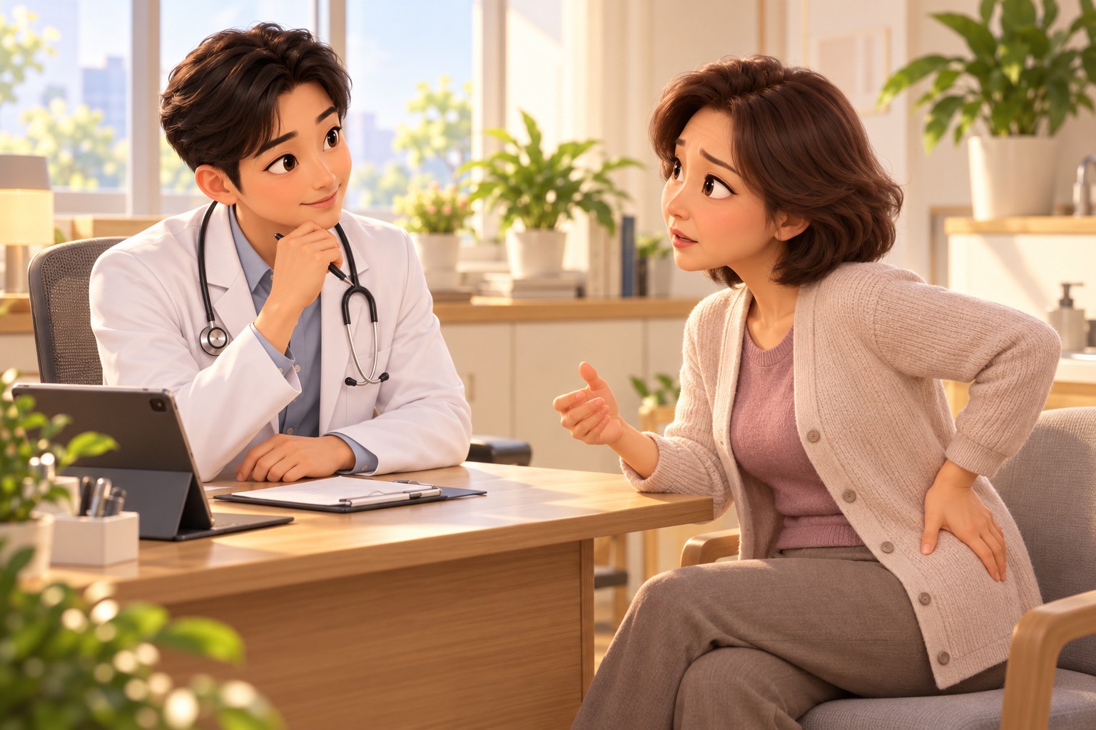 A middle-aged woman consulting a doctor about buttock sagging