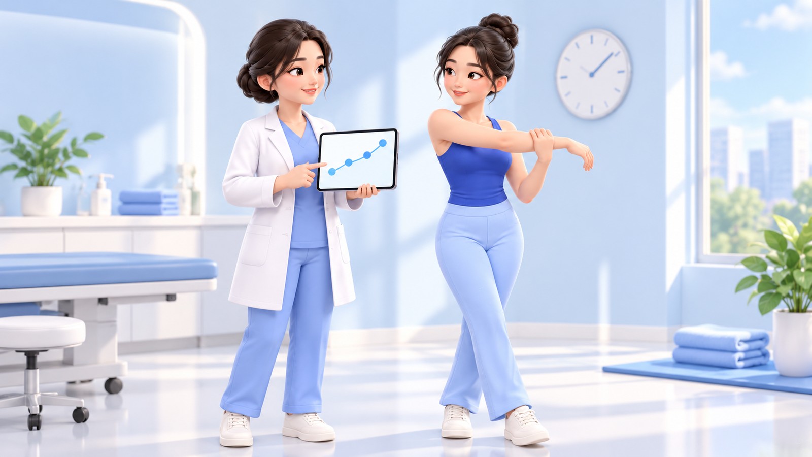 Checking recovery progress with the doctor after liposuction while doing a gentle stretch