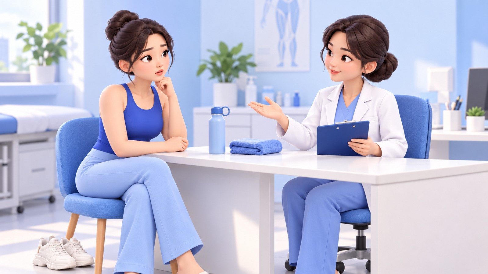 A consultation with a patient worried about bleeding and bruising after liposuction