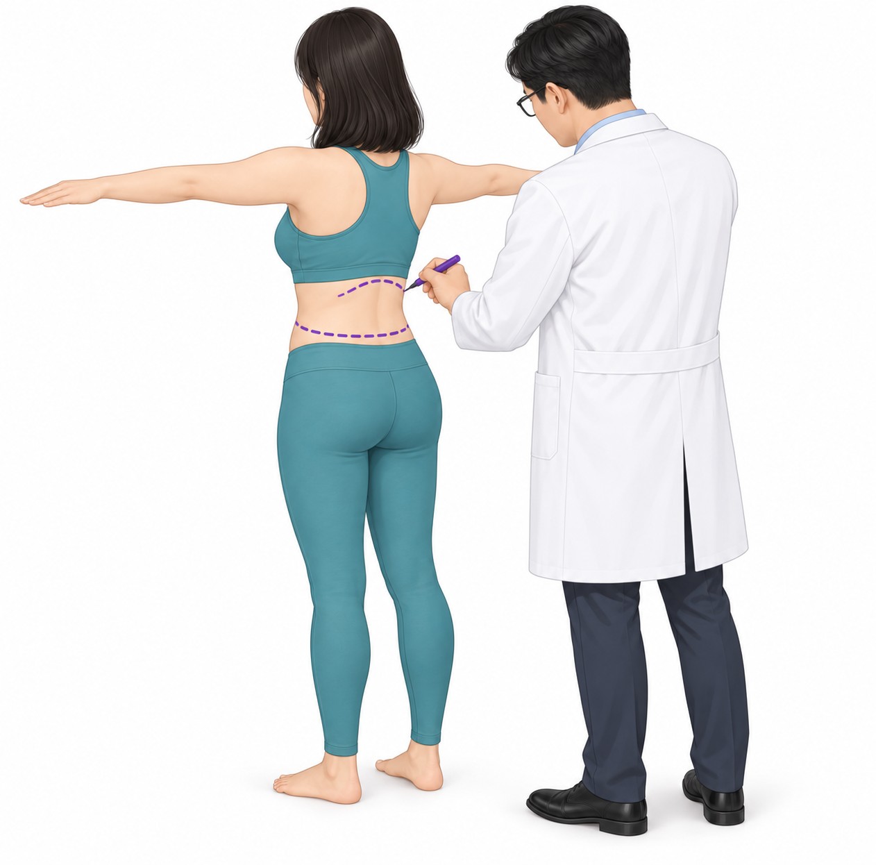 Preoperative marking in the standing position, continuing from the lower back to the upper back