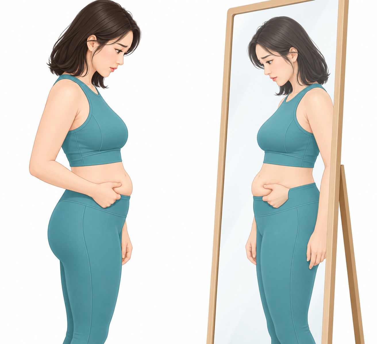 A woman examining her lower abdomen in front of a mirror