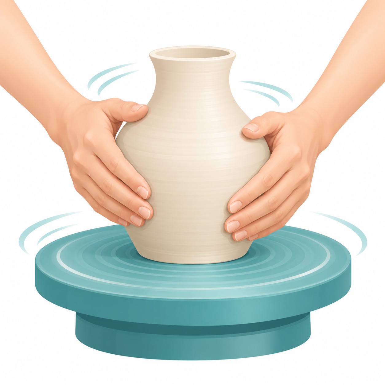Hands shaping a vase evenly all around on a turning pottery wheel