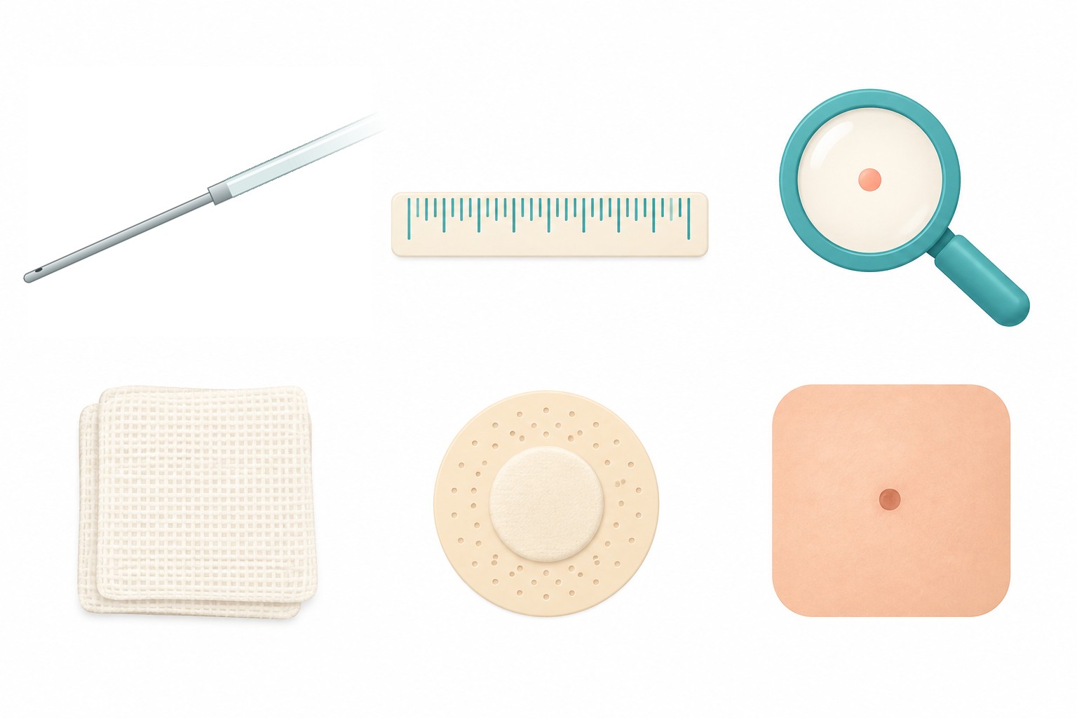 Icons explaining liposuction incision sites — a thin cannula, a ruler, a small dot under a magnifying glass, gauze, a round band, and a small dot on the skin