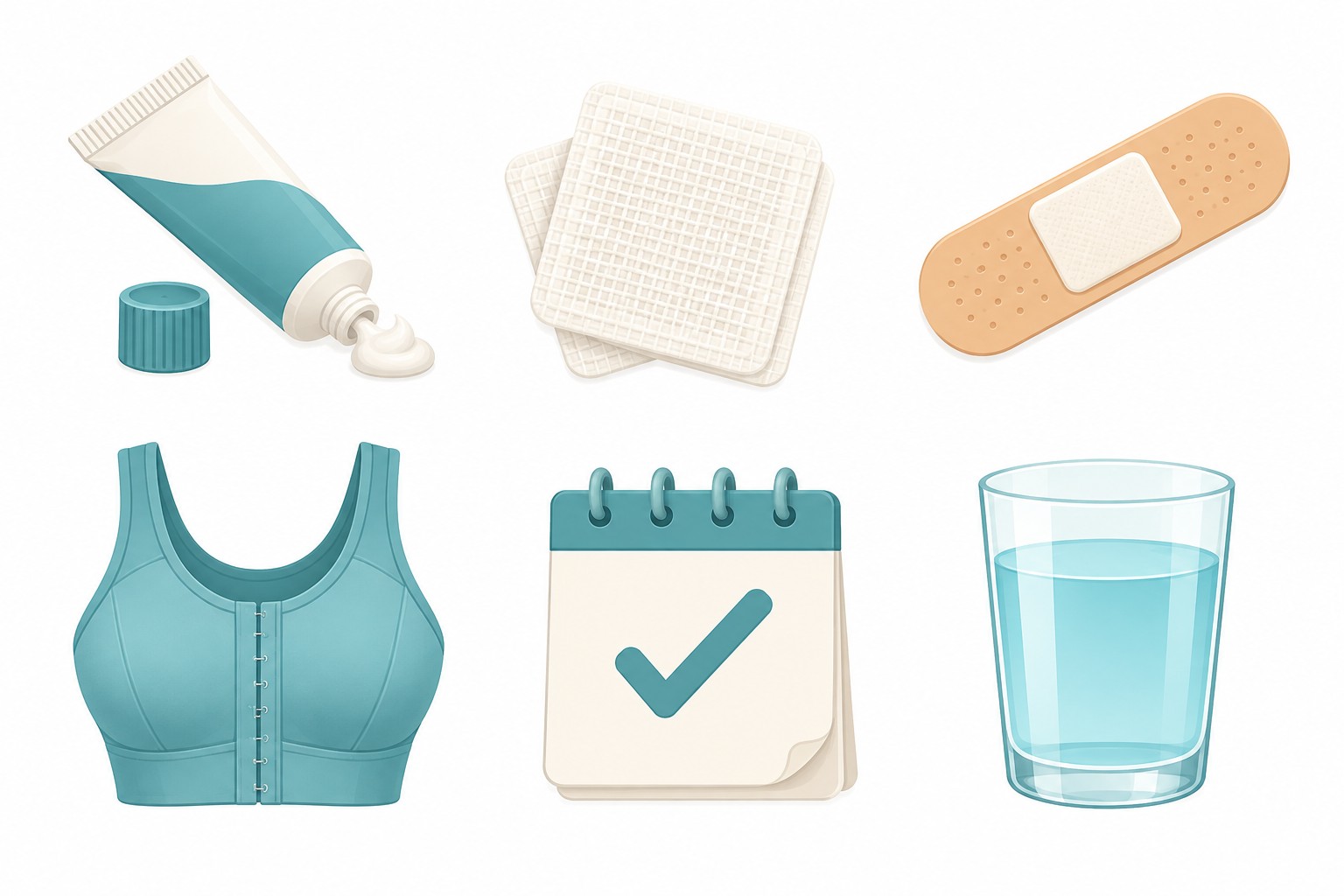 Icons of items used for incision site care — ointment, gauze, band, compression garment, calendar, and a glass of water