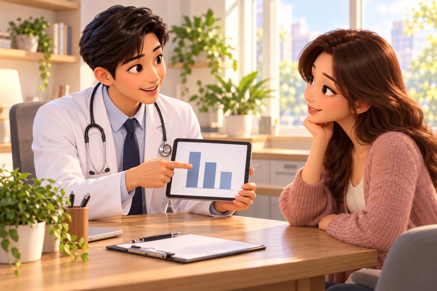 A doctor using a graph on a tablet to explain, step by step, the reduction of the fat layer after the first surgery and after secondary liposuction