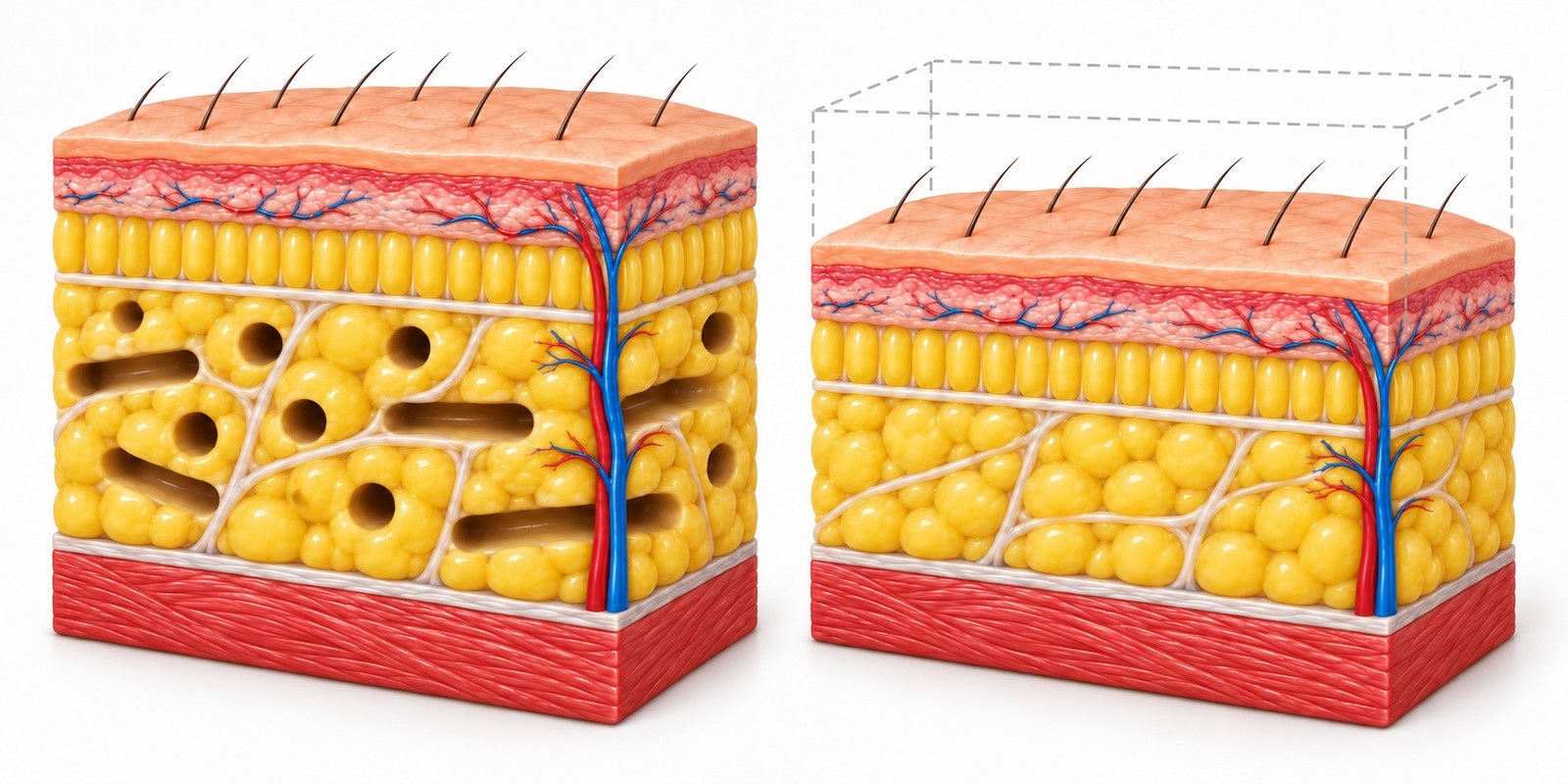 Cross-section of the fat layer showing that liposuction removes fat by making holes (tunnels) in the fat layer with a cannula while leaving the fat layer just beneath the skin