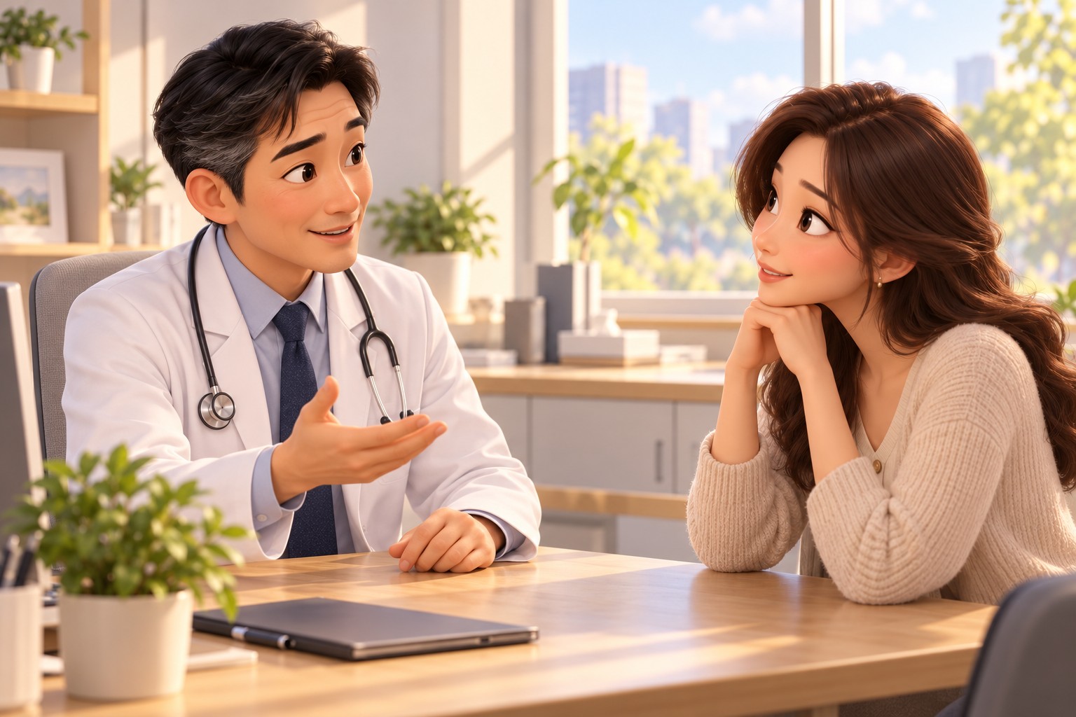 A doctor explaining to a patient the difference between revision surgery and secondary liposuction during a consultation