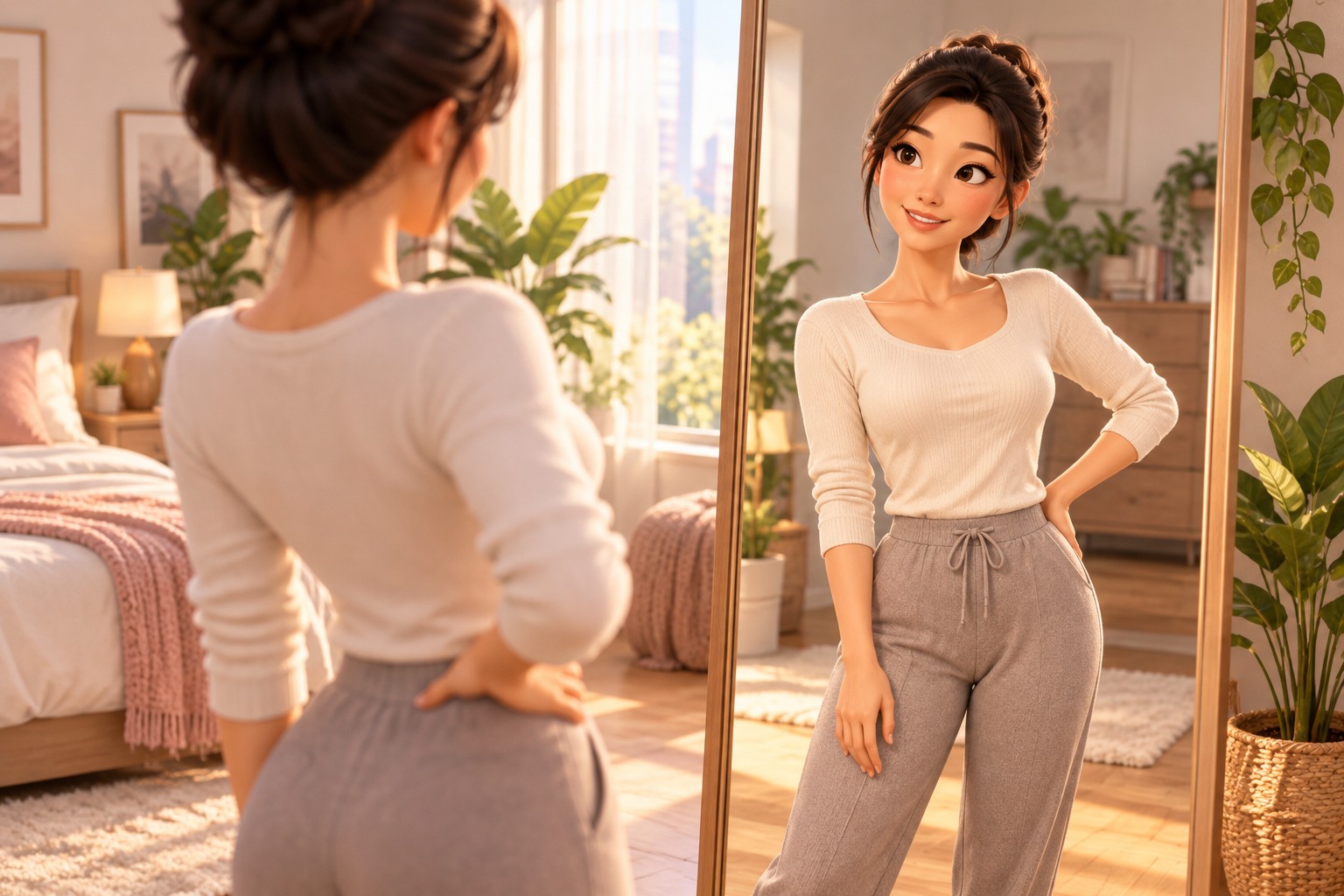 A woman looking at her changed waistline in front of a mirror